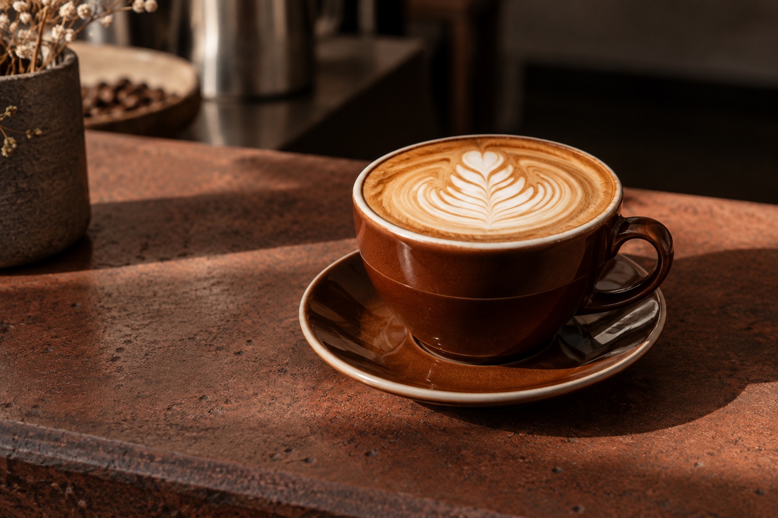 Cappuccino mit feiner Latte Art in einer braunen Keramiktasse auf warmem Terrakotta-Tresen